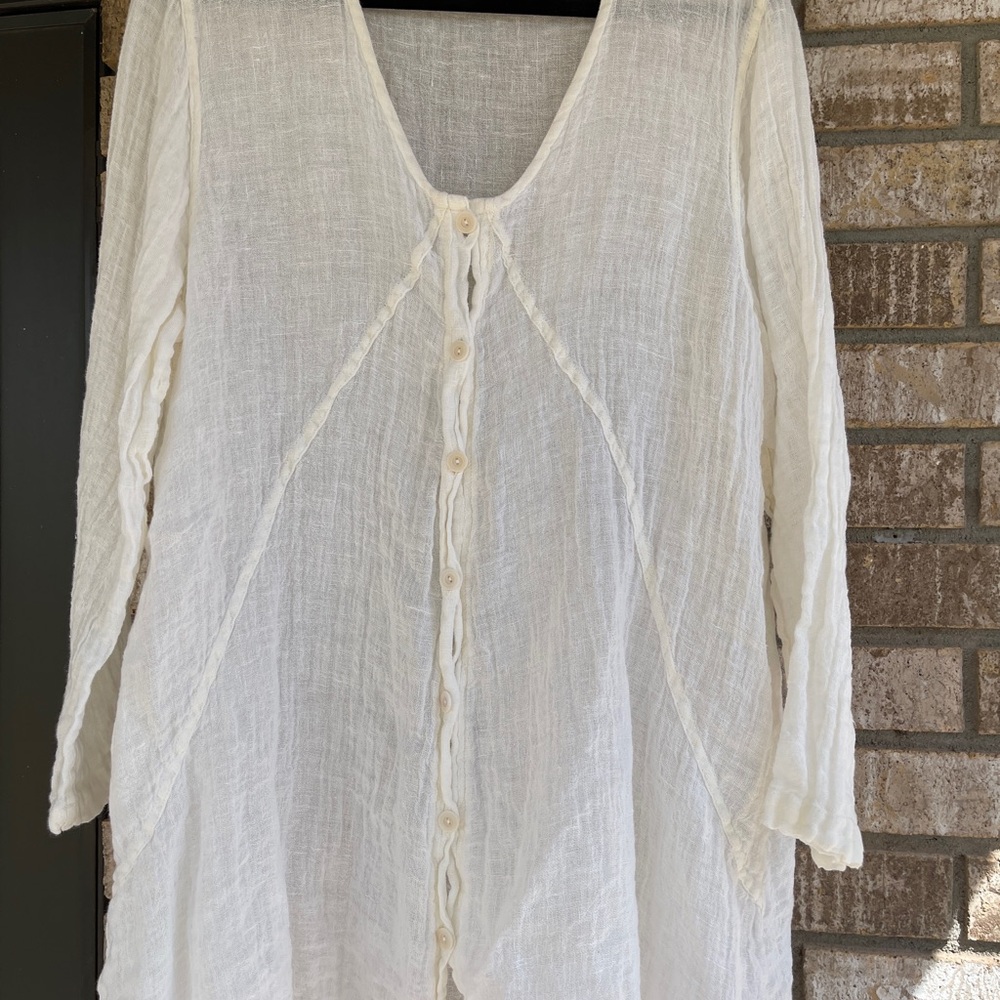 FLAX Cream Linen Tunic Button Front  Lagenlook Oversized Sheer Minimalist sz Lg